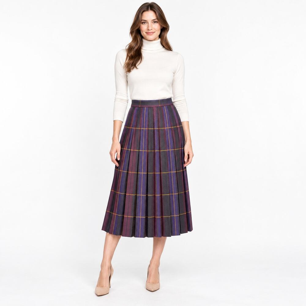 Vintage 100% Wool Purple Wine Plaid Pleated Midi Skirt 26â Size Small Premiere
